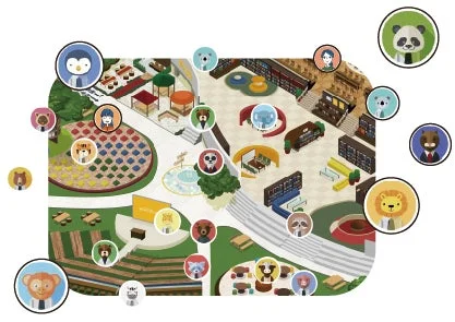 様々な動物のアバターが活動する広々としたコワーキングスペースや学習施設を俯瞰で描いています。