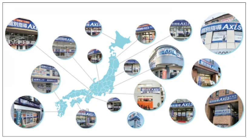 日本地図上に、全国に展開する個別指導Axisの学習塾の校舎が多数配置されています。