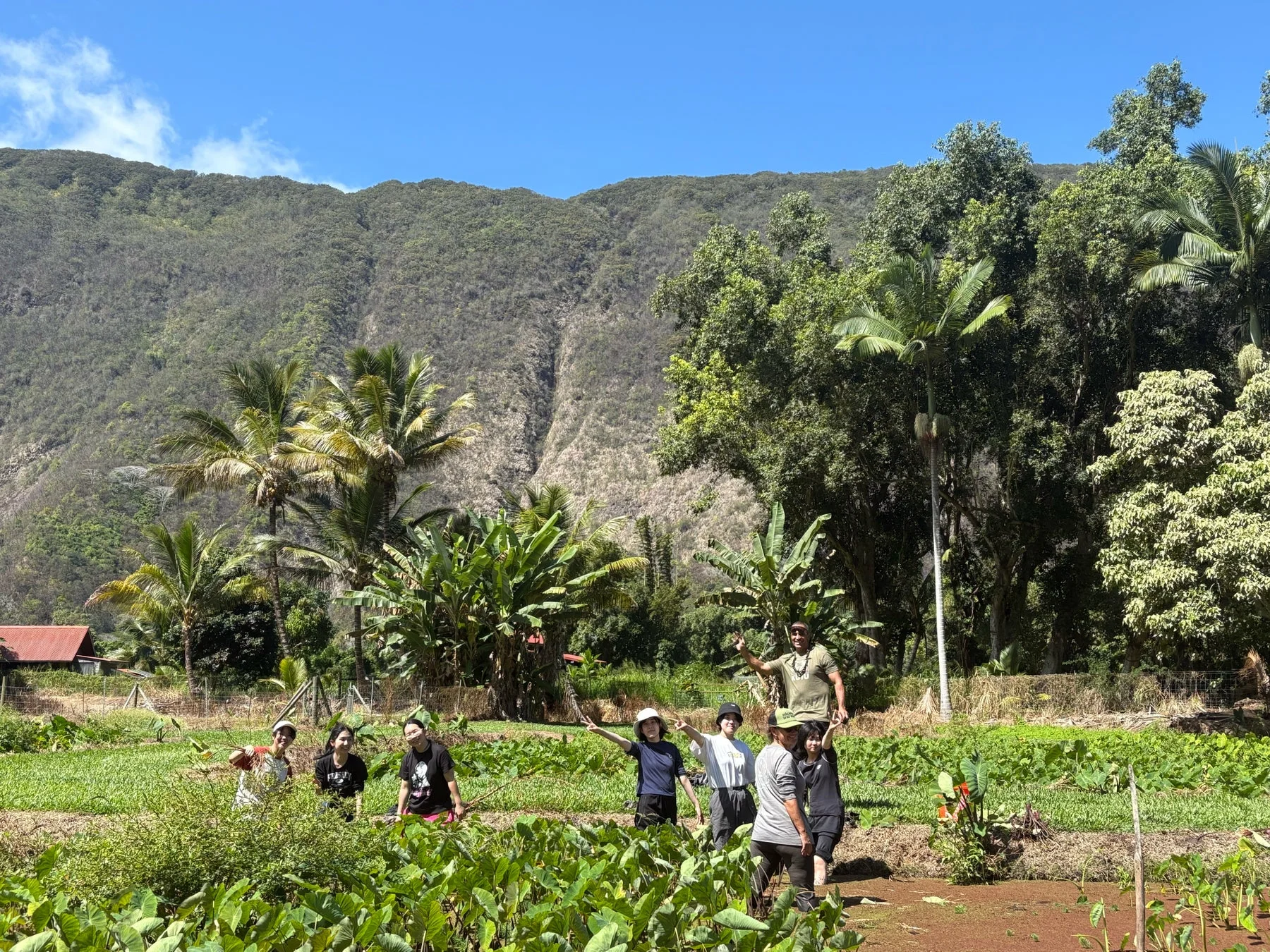 農園で楽しそうにポーズをとる人々